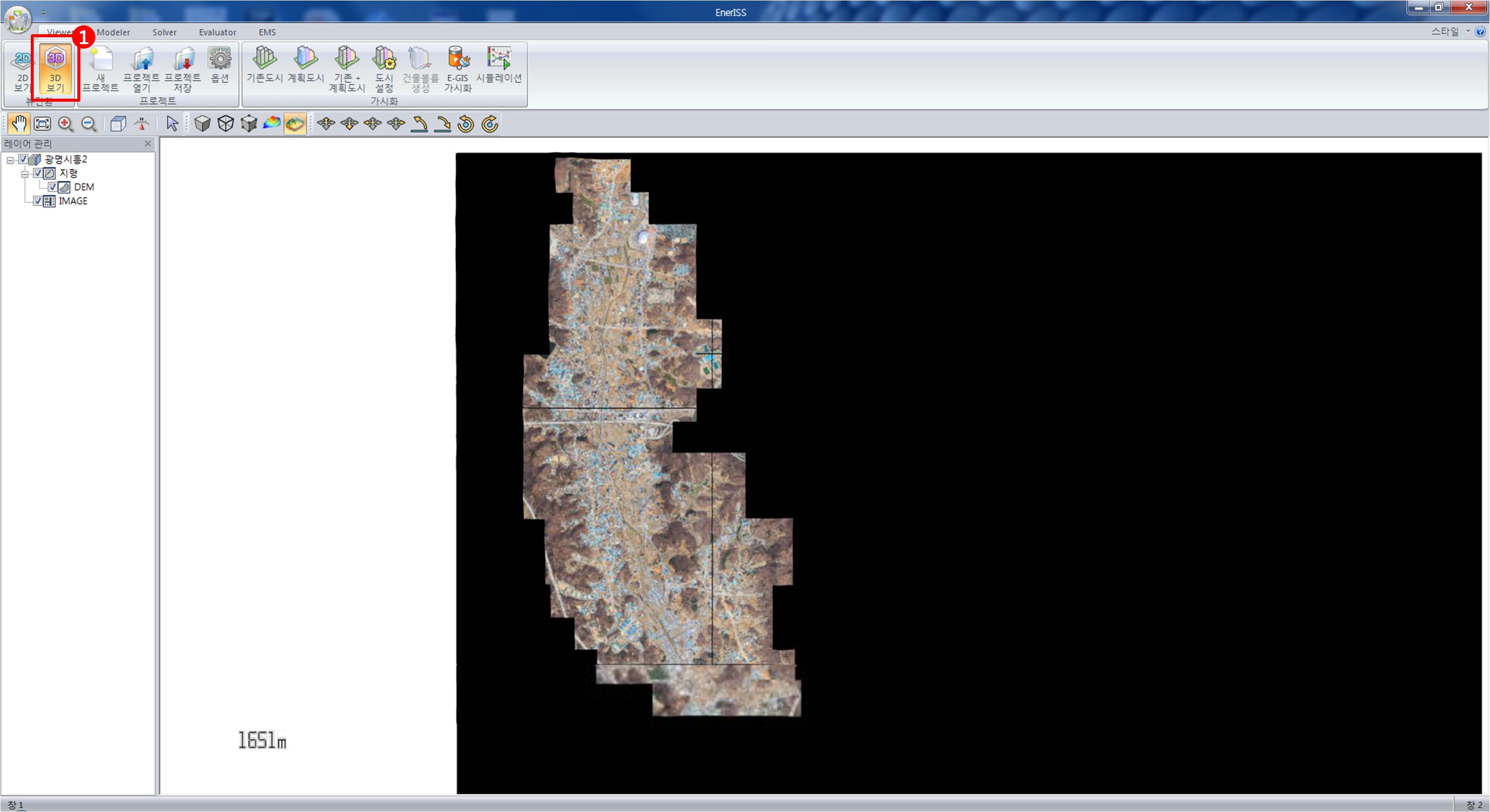EnerISS Modeler 지형생성 3D가시화 화면