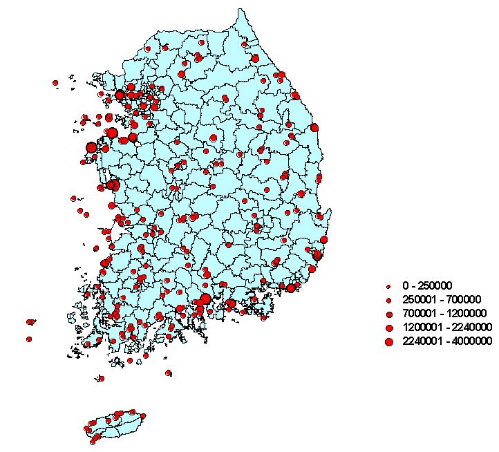 국내 전국 발전소의 위치 및 용량