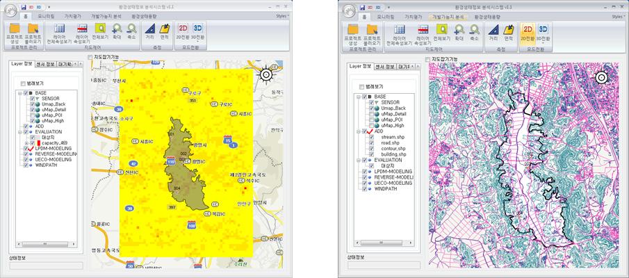 대상지 표시기능(좌) 및 수치지형도 추가 기능(우)