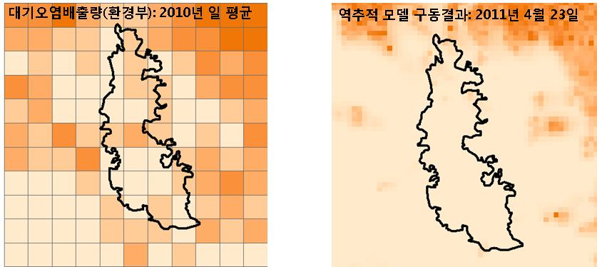 대기오염배출량(환경부) 자료와 역추적 모형 구동 결과 비교