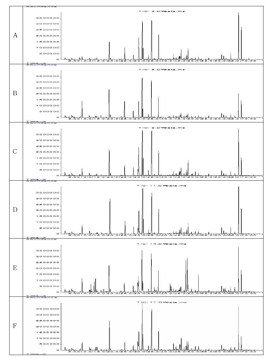 젓갈 및 대체소재 첨가 김치의 휘발성 향기성분 크로마토그램