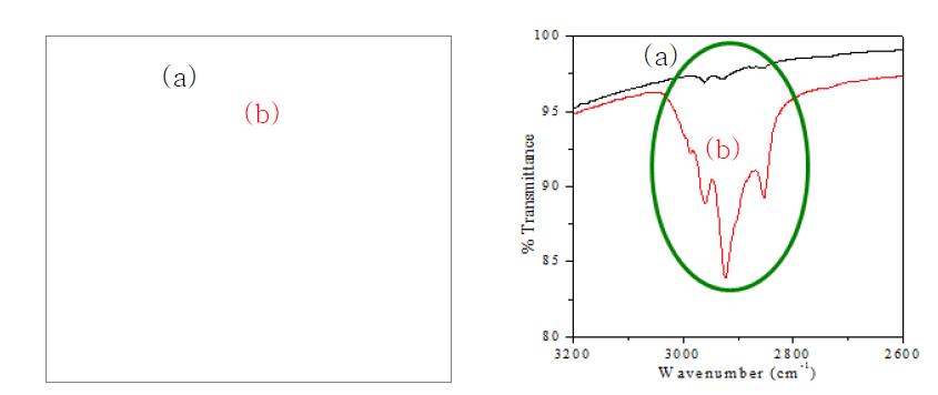 표면처리 전, 후 CuO 분말의 FT-IR 분석 그래프, (a) 표 면처리 전, (b) 표면처리 후