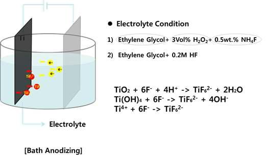 광효율 특성이 좋은 광촉매인 TiO2의 전기화학적 방법을 이용한 나노튜브 합성 법에 대한 개념도 및 반응 메커니즘