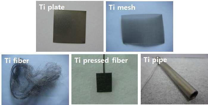 양극산화에 사용된 다양한 형상의 Ti metal 구조체
