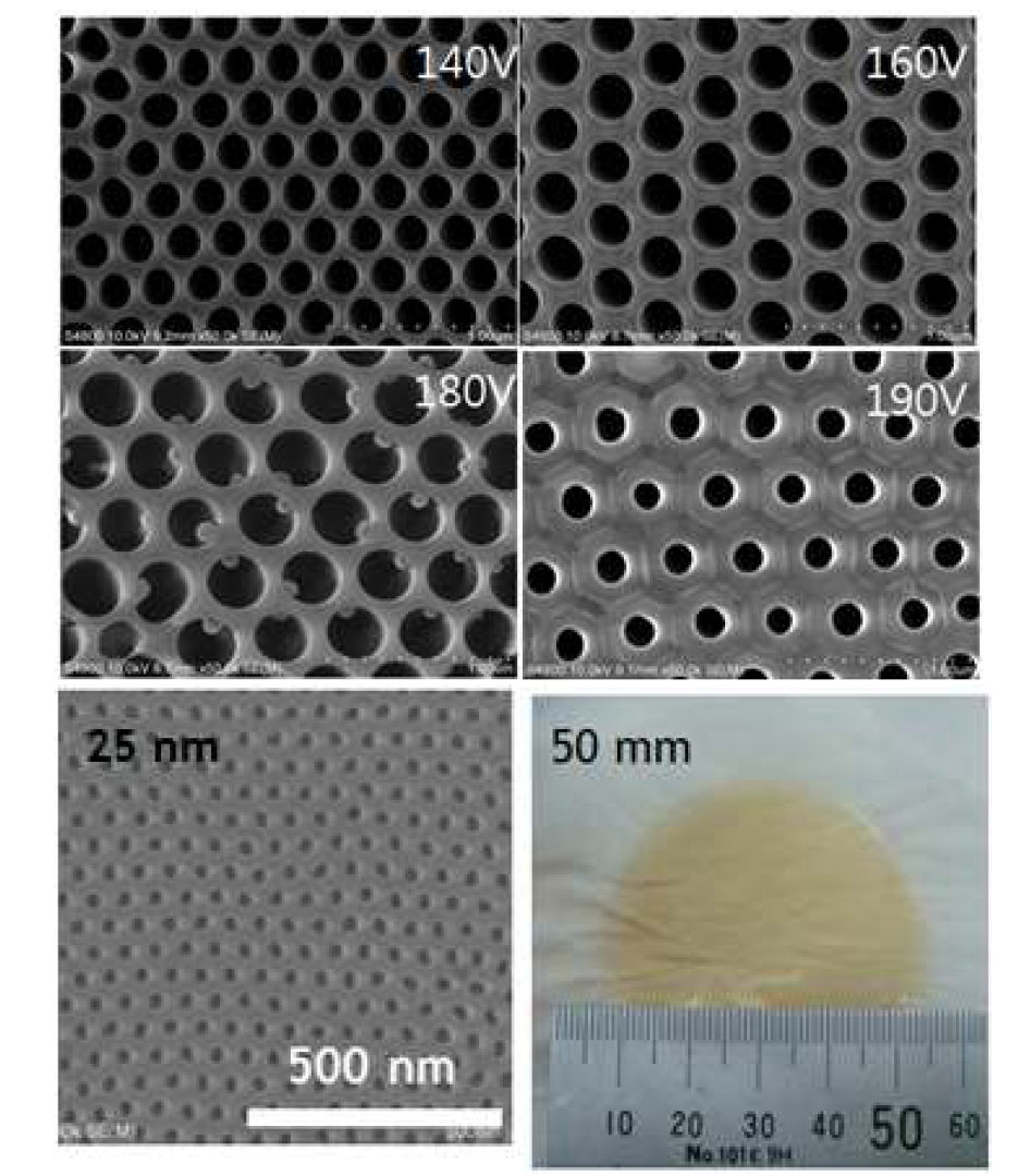 인가전압에 따른 알루미나 기공크기 제어 및 제조된 입자상 물질 제거용 알루미나의 필터사진