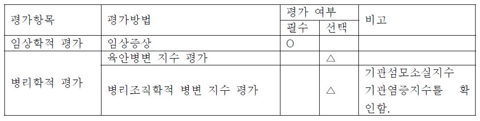 바이러스성 호흡기 질병 안전성 시험에서 평가 항목