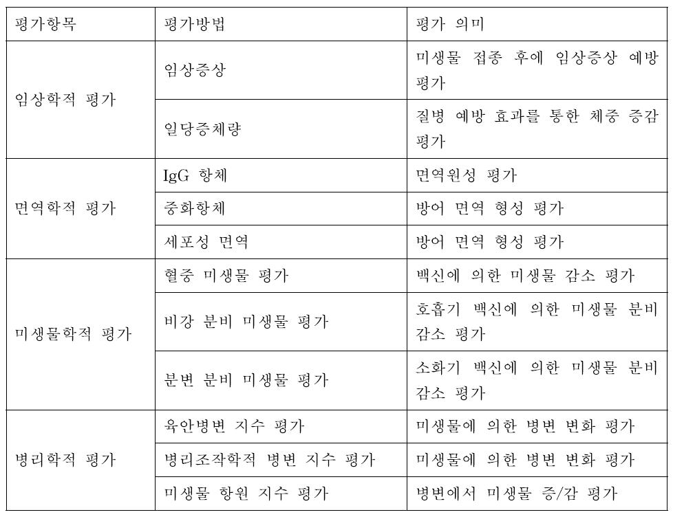 공격 접종에서 백신 효능 평가 항목 제시 예