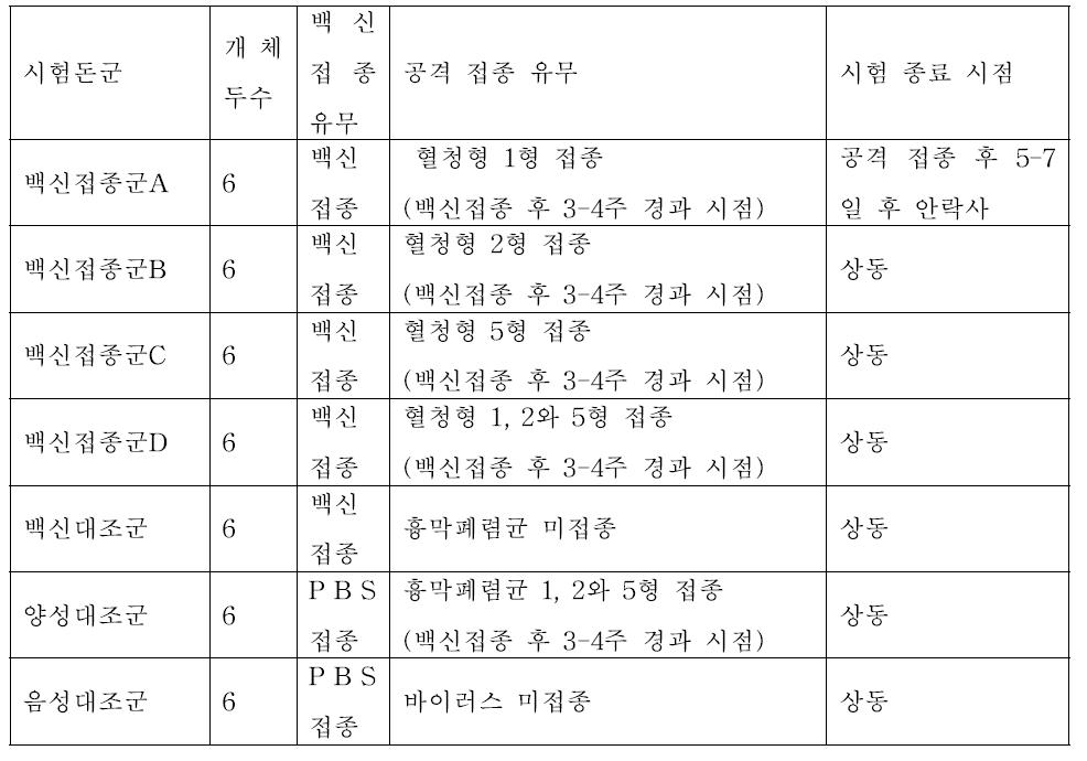 흉막폐렴균 혈청형 1, 2,와 5형 예방 백신 공격 접종 시험 디자인