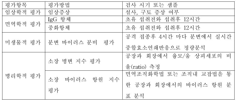 바이러스 질병 예방 백신의 공격 접종용 시험 평가 항목