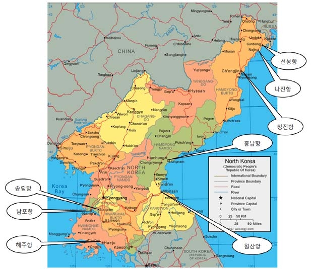 북한의 주요 무역항 위치