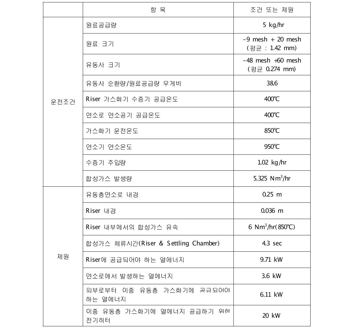 설계된 이중 유동층 가스화 장치의 운전조건 및 제원