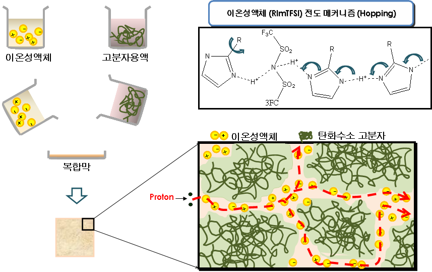 이온성 액체 함유 고분자전해질막의 제조 과정 개략도 및 이온성 액체 함유 고분자전해질막에서의 수소이온 전도 기작 [2009년 한국에너지기술연구원 기본사업 최종보고서, 양태현 외 7 인].