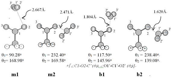 [MeCO2?CO2]- complex의 B3LYP/6-31+G*(b1, b2), MP2/6-31+G*(m1, m2)에 의해 optimization 된 구조