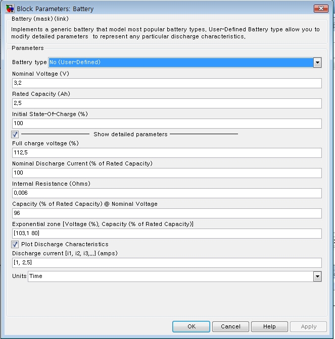 Matlab/Simulink Battery block set의 파라미터 윈도우