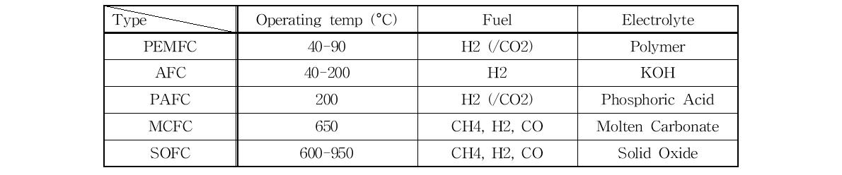 연료전지 형태에 따른 특징