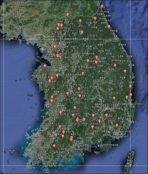 Map of sample collection sites in near by the mountain areas of domestic pigs in Korea