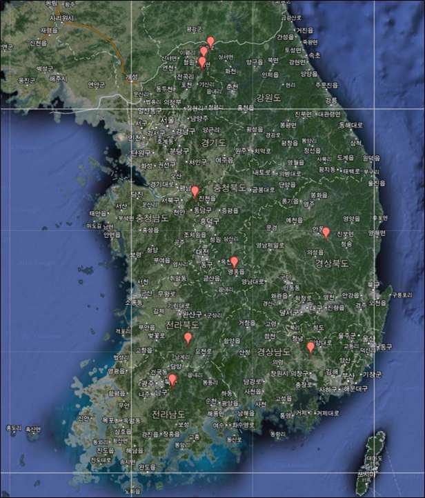 Map of ticks collection sites in habitats of wild boars in Korea