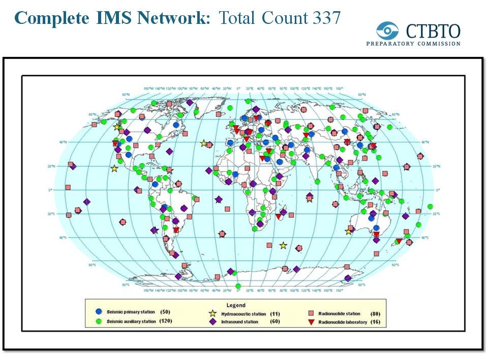 Fig. 2.2.12 Complete worldwide IMS network distribution map. Circles show seismic station, diamonds represent infrasound station, squares denote radionuclide station, stars marks hydro-acoustic station and reverse triangles locate radionuclide laboratory