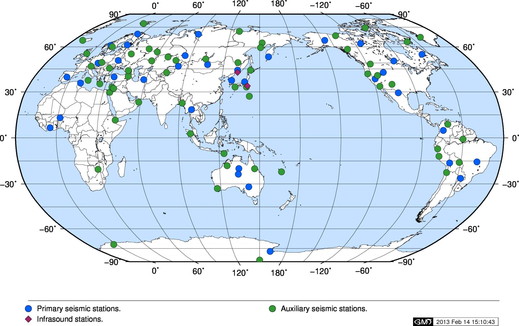 Fig. 2.2.13 Seismic and infrasound stations distribution map which records North Korea