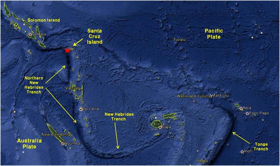 Fig. 2.4.1 Map of Solomon Island, Tonga Trench, and Vanuatu Trench