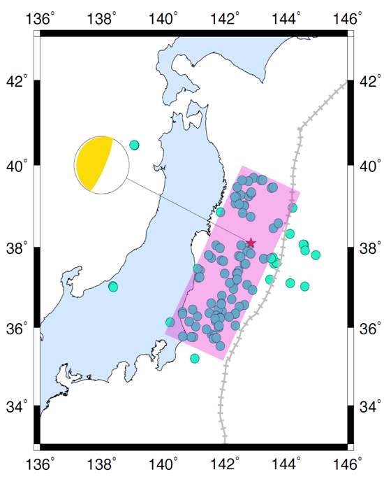 Fig. 2.4.9 Distribution map of after shocks which occurred for 3 days after the mainshock.