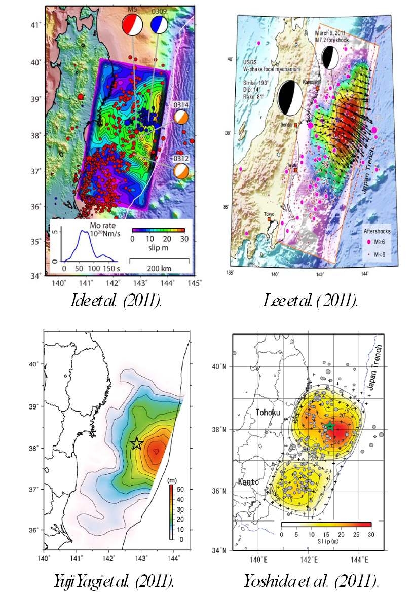Fig. 2.4.11 Map view of the spatial slip distribution of the Tohoku-Oki earthquake of published researches