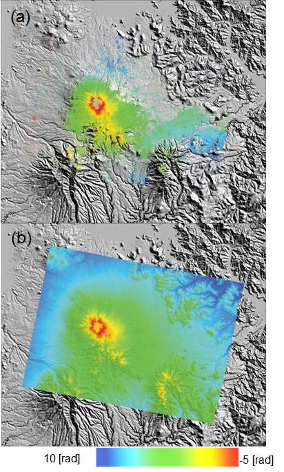 Fig. 3.1.3 (a) interferogram of Beakdu mountain with topographic atmospheric effects (b) simulation of atmospheric phase delay effects.