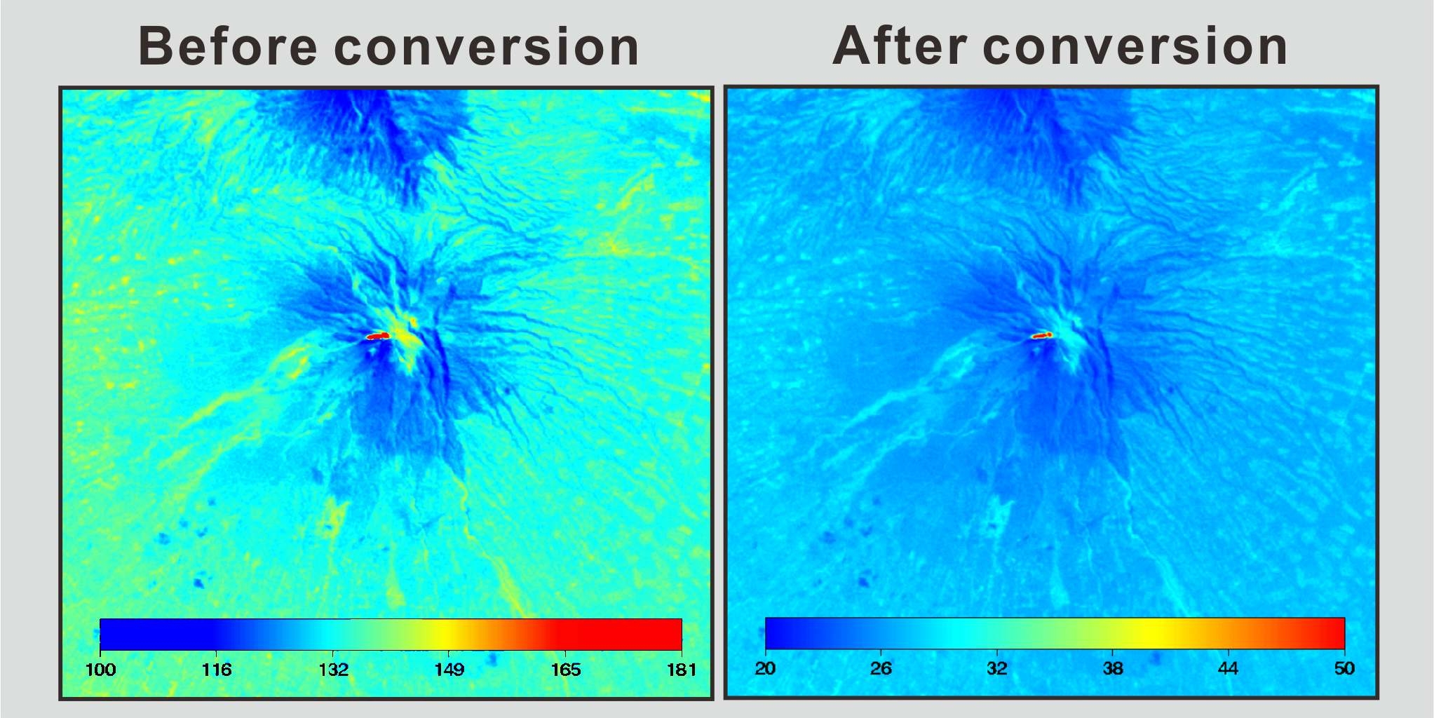 Fig. 3.2.9 Landsat 7 ETM+ images according to before and after band 6 conversion to temperature using NASA empirical formula.