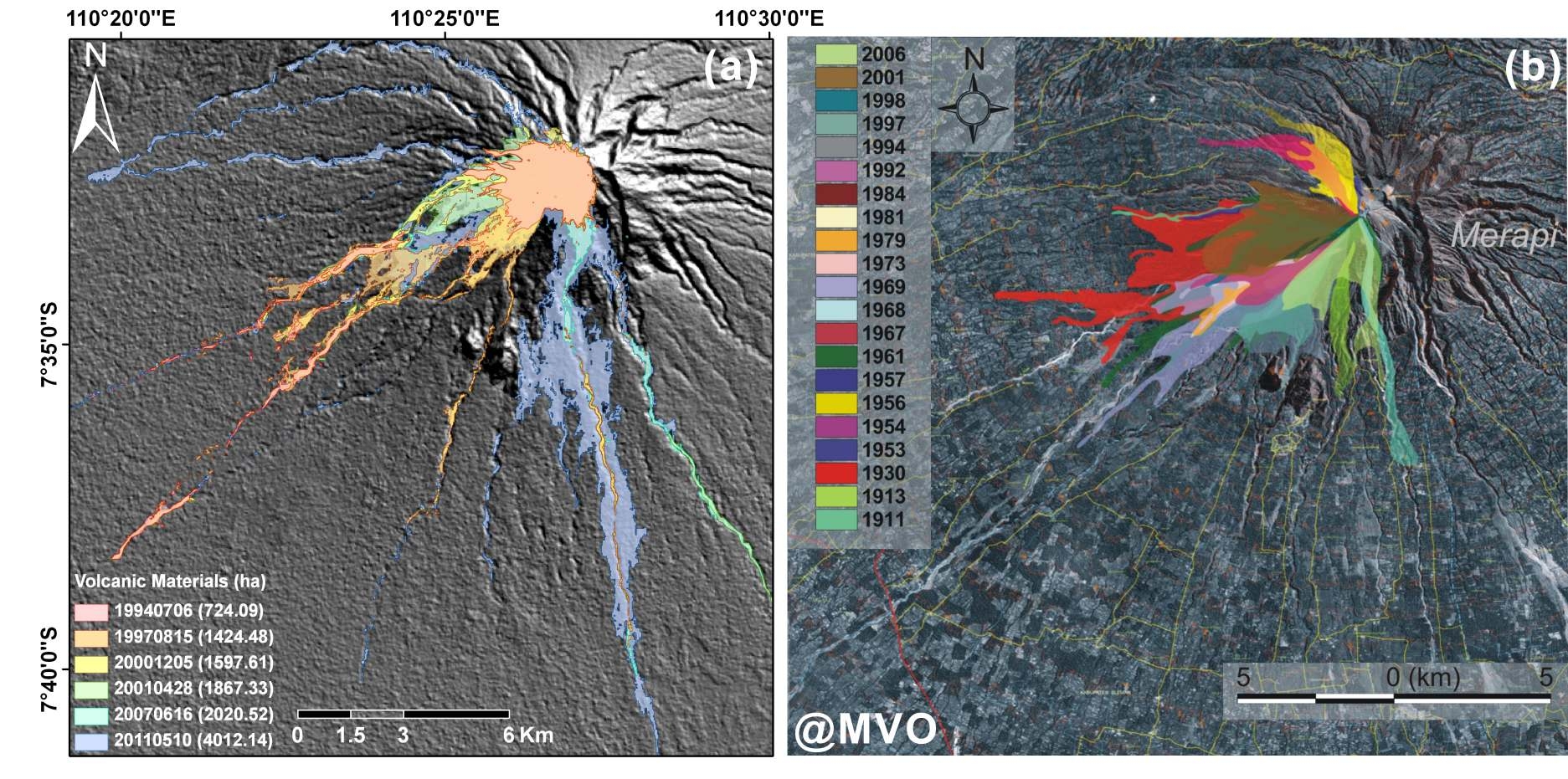 Fig. 3.2.13 (a) Overlap of volcano materials layers extracted by supervised classification. (b) Distribution of pyroclastic flow at Merapi volcano after 1900