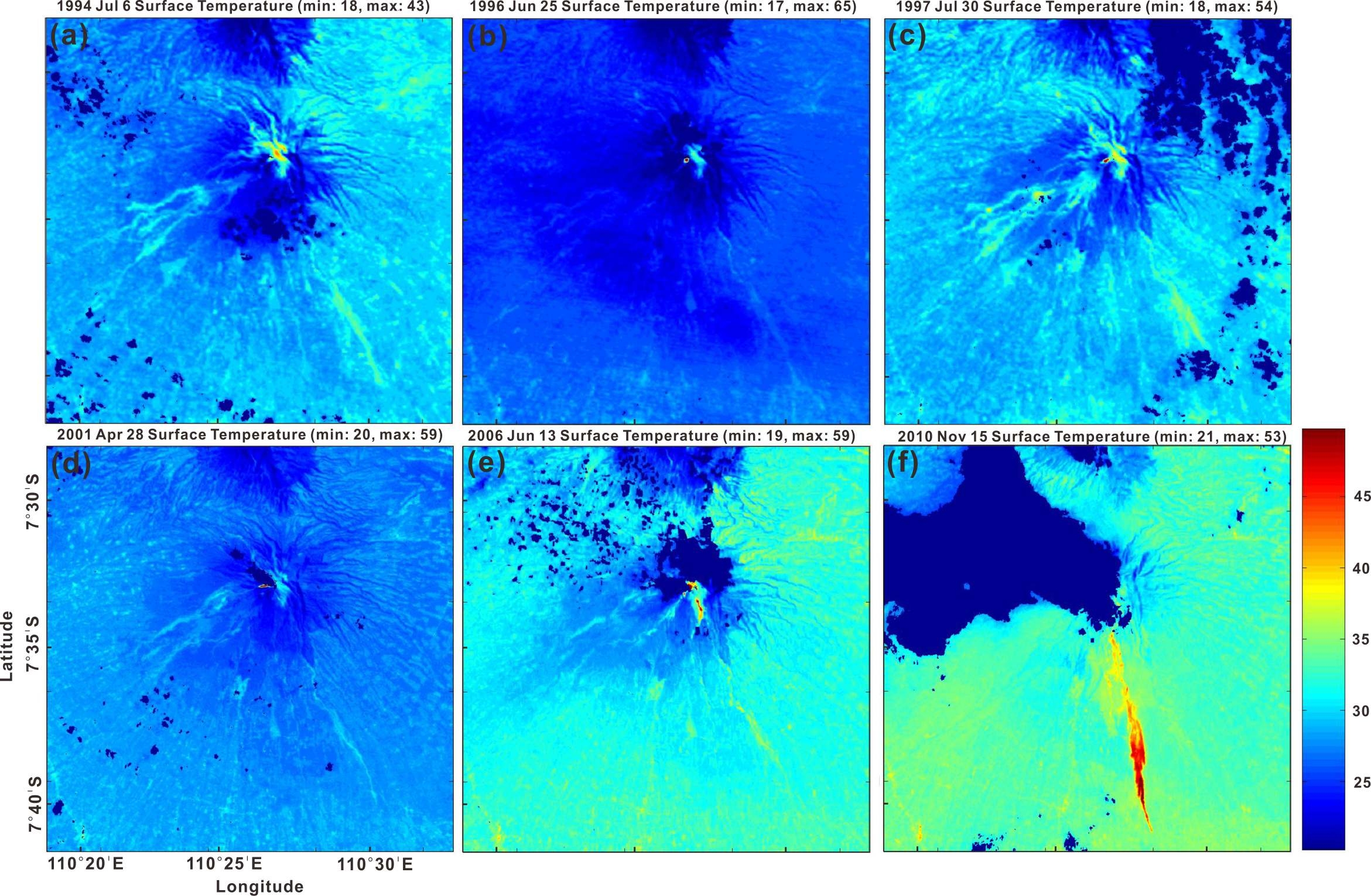 Fig. 3.2.14 Surface temperature at Merapi volcano from 1994 to 2012 using Landsat images.