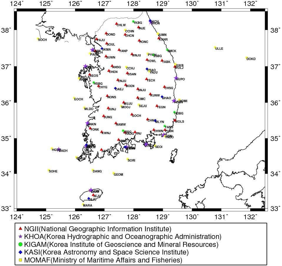Fig 3.4.7 Status of the GPS permanent stations in south Korea.