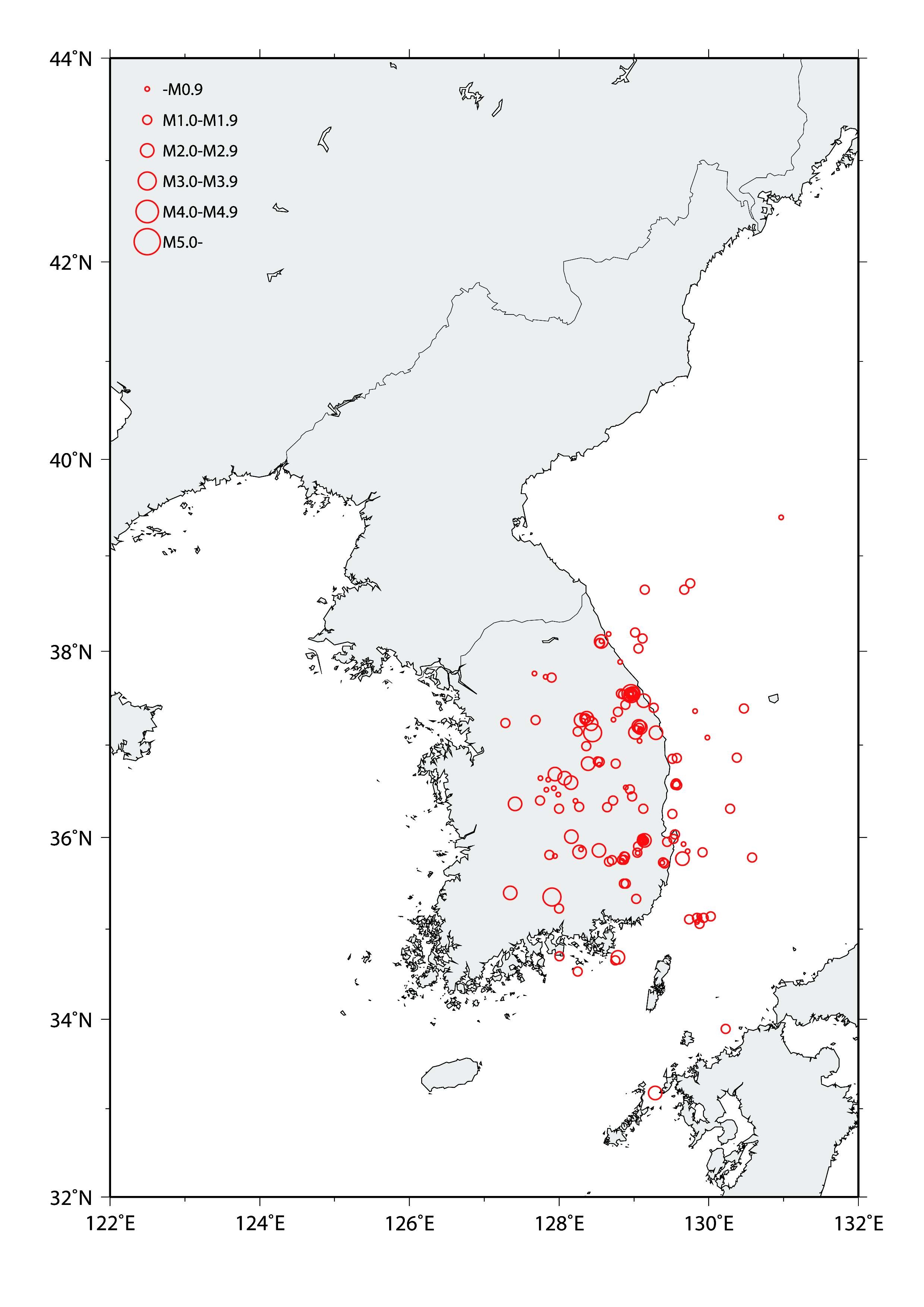 Fig. 2.1.2 Distribution of earthquakes in the Korean Peninsula between October 2011 and April 2012.