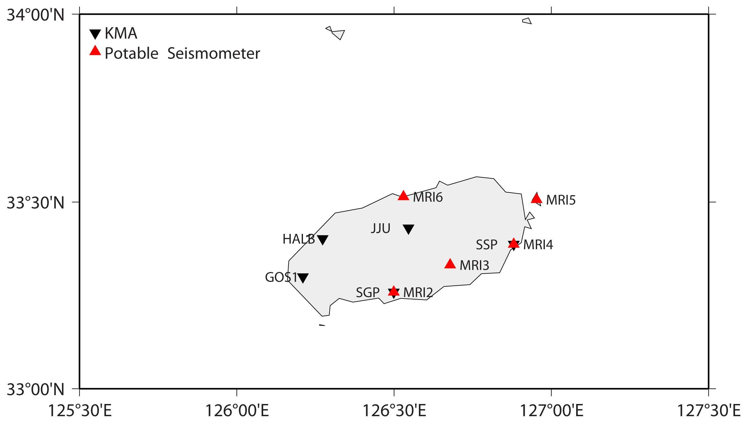 Fig. 2.1.9 Distribution map of portable seismometer (triangle) and KMA station (inverse triangle) in Jeju Island