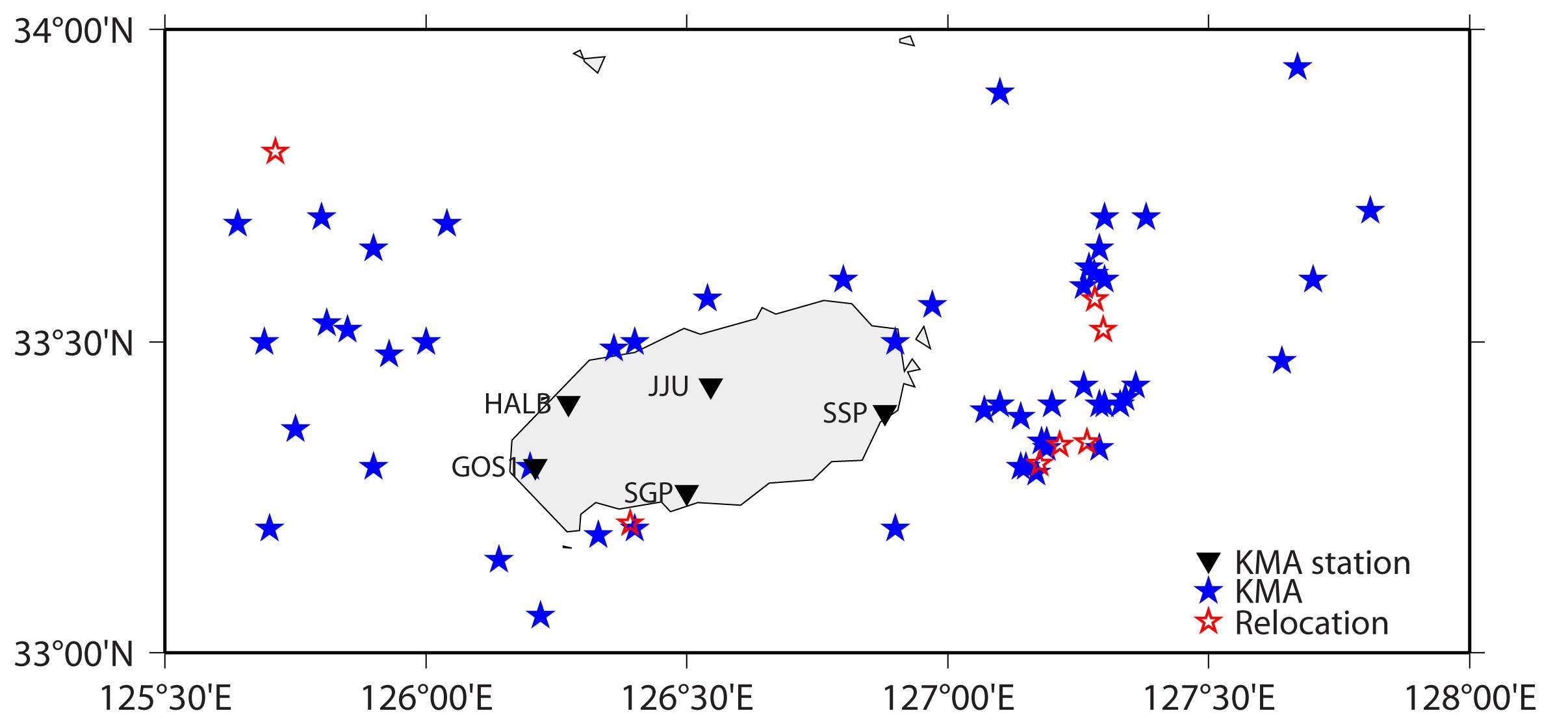 Fig. 2.1.11 Earthquake epicenters located by NIMR (2012.11-2013.01) and reported by KMA (since 1978) in and around Jeju Island.