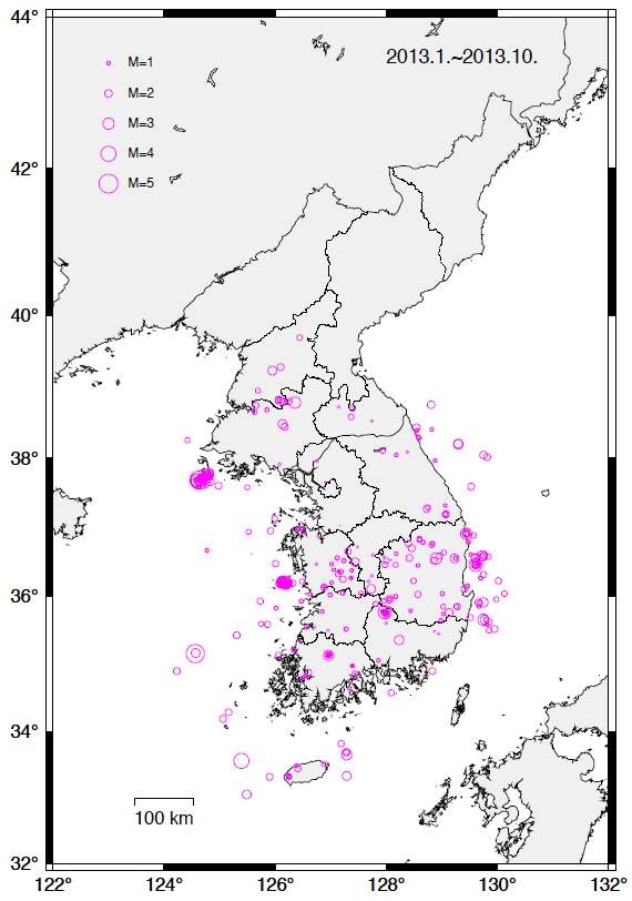 Fig. 2.1.17 Epicentral map of microearthquakes as well as seismicity reported by KMA from January to October