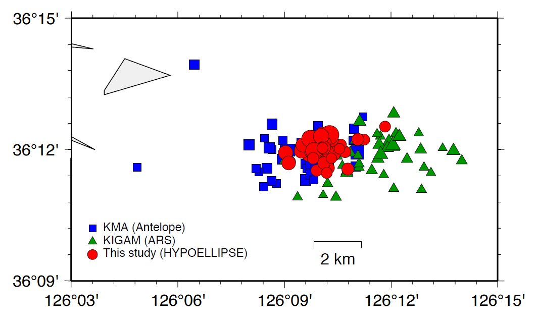 Fig. 2.1.24 Comparison of epicentral distribution for 41 earthquakes on the KIGAM list.