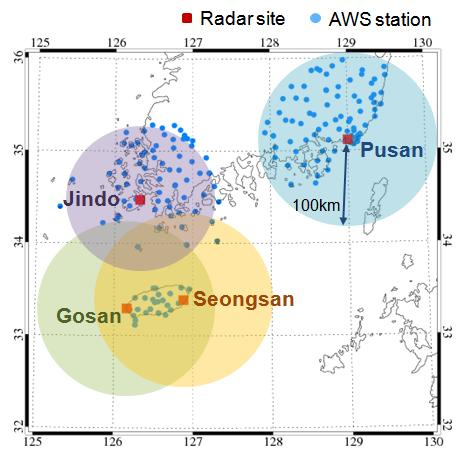 4개의 S-밴드 지상레이더를 중심으로 반경 100 km 이내에 들어오는 AWS 사이트 분포도