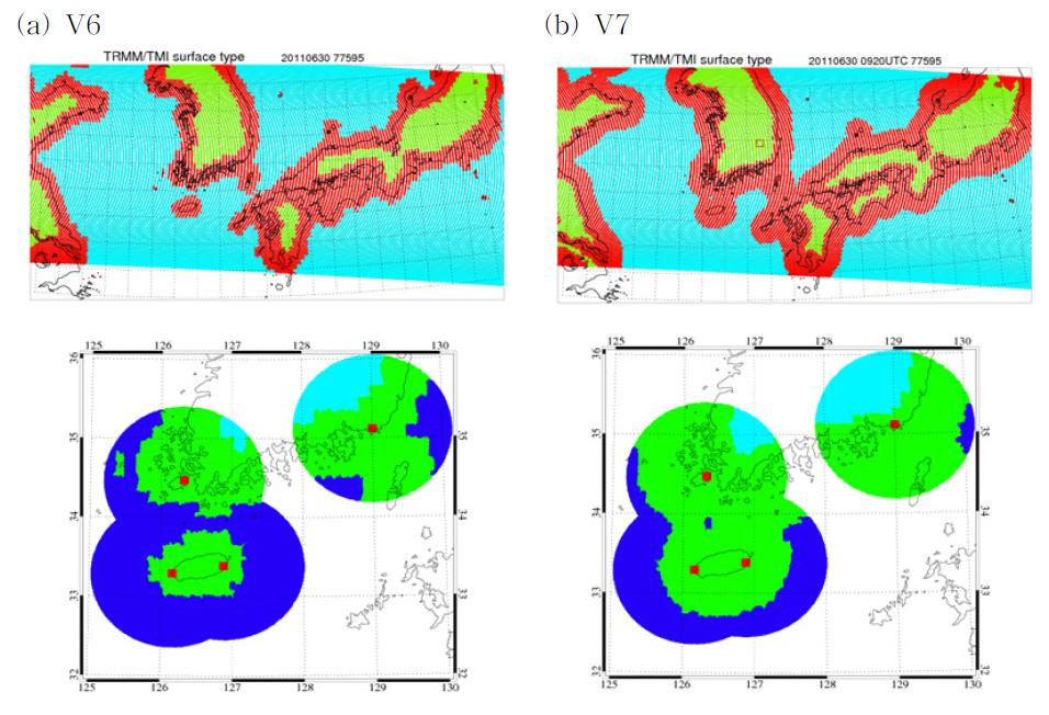 상단에서는 V6에서의 TMI 지표 분류 분포도(a)와 V7에서의 지표분류 분포도(b)와 함께 하단에서는 각각의 지상 레이더 사이트에서의 육지, 해안 및 해양의 분포도(하늘색: 육지, 연두색: 해안, 파란색: 해양).