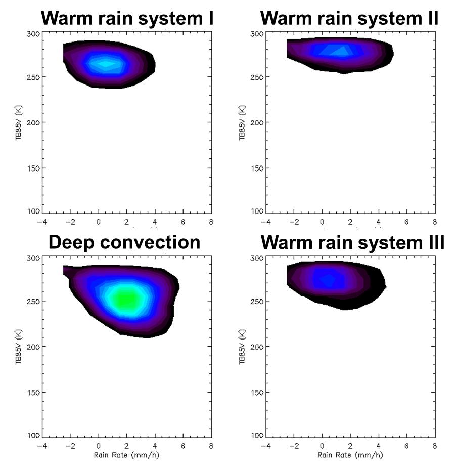 2002년부터 2011년까지 여름철 기간 동안 한반도에서 관측된 강수에 대한 군집분류로 분류된 강한 대류형 강수시스템 및 낮은 구름형 강수시스템에 대한 밝기온도-강우강도 분포도