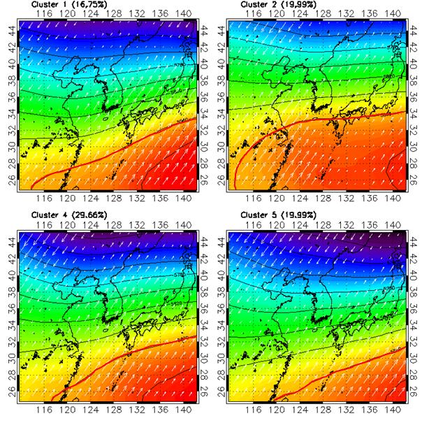 군집 분석으로 분류된 강수시스템에 대해 동일한 기간 동안 ERA-Interim 재분석장에서 나타나는 500 hPa 고도에서의 평균 지균고 도장과 평균 바람장 분포도