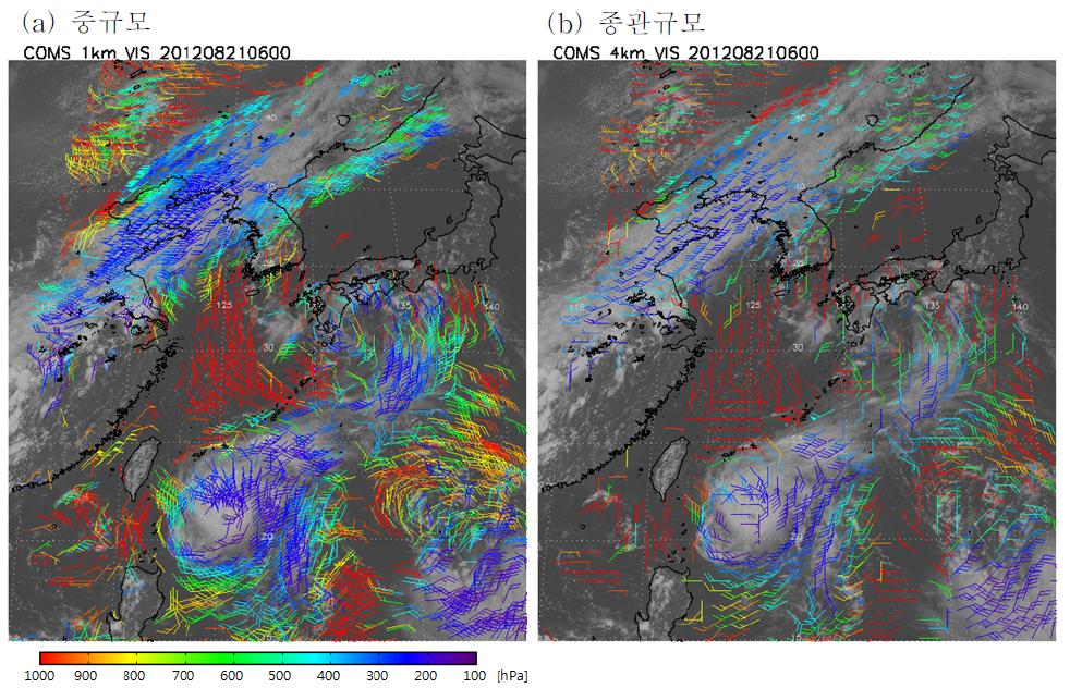 2012년 8월 21일 0600 UTC (QI ≥ 0.5)의 (a)중규모 위성바람장과 (b)가시채널 현업 바람장 : 색은 벡터의 고도를 의미하며 전체 벡터의 50 % 표출함.