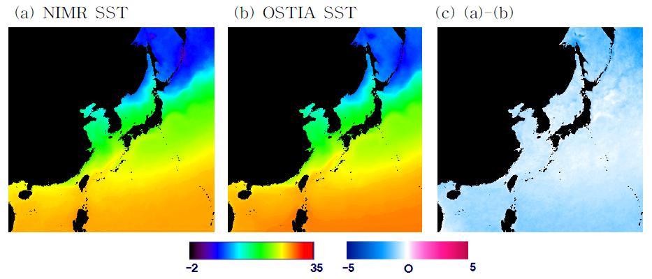 연구소 합성장과 OSTIA 해수면온도의 공간 평균 분포 및 차이분포