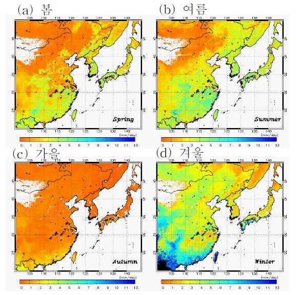 2009년 MODIS 위성 증발산량(mm/day)의 계절별 공간 분포