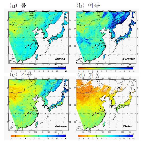 2009년 NIMR 위성 증발산량(mm/day)의 계절별 공간 분포