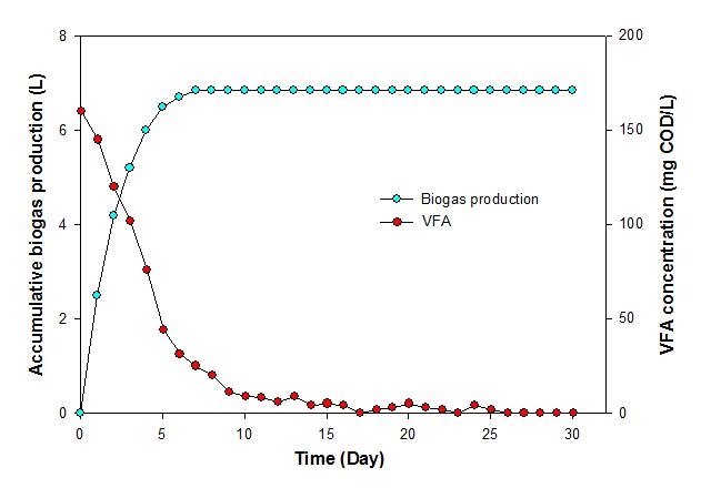 VFA 농도 감소 및 바이오가스 생산