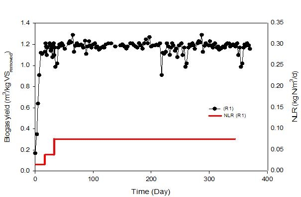 질소부하율에 따른 R1 지속운전 시 바이오가스 전환율