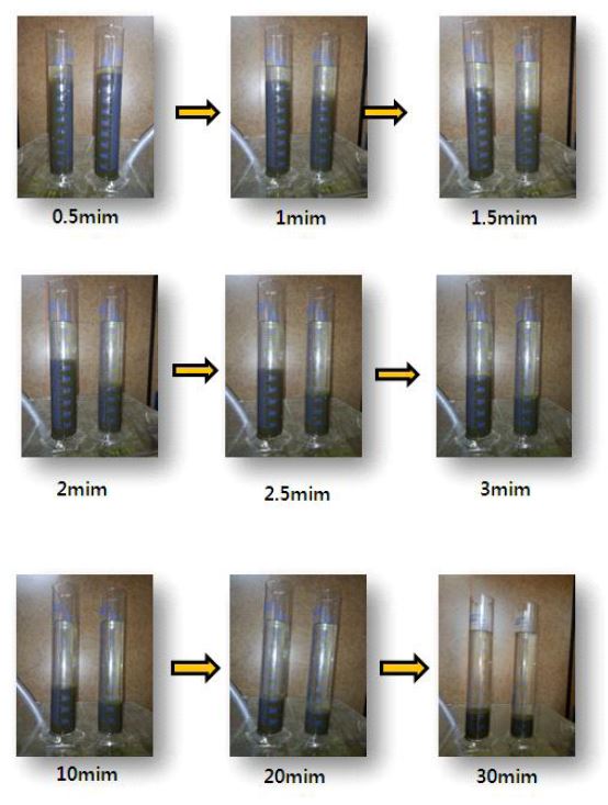 메스실린더에서 자성비드 유무에 따른 침강속도 테스트
