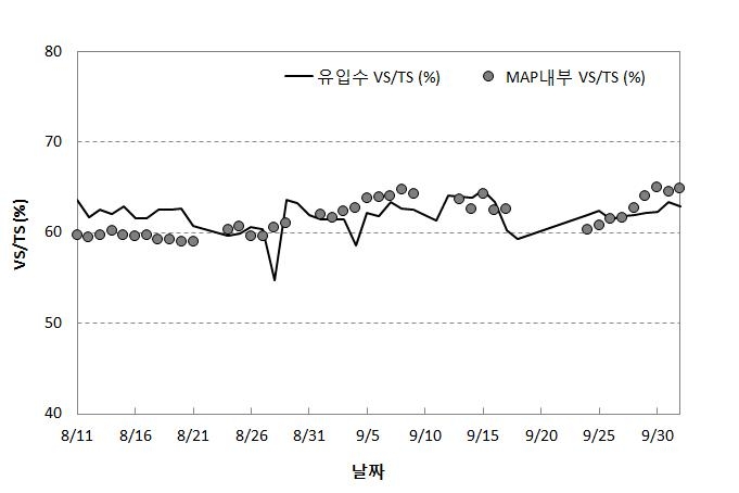 유입수 및 MAP성장조의 TS 내 VS 함량