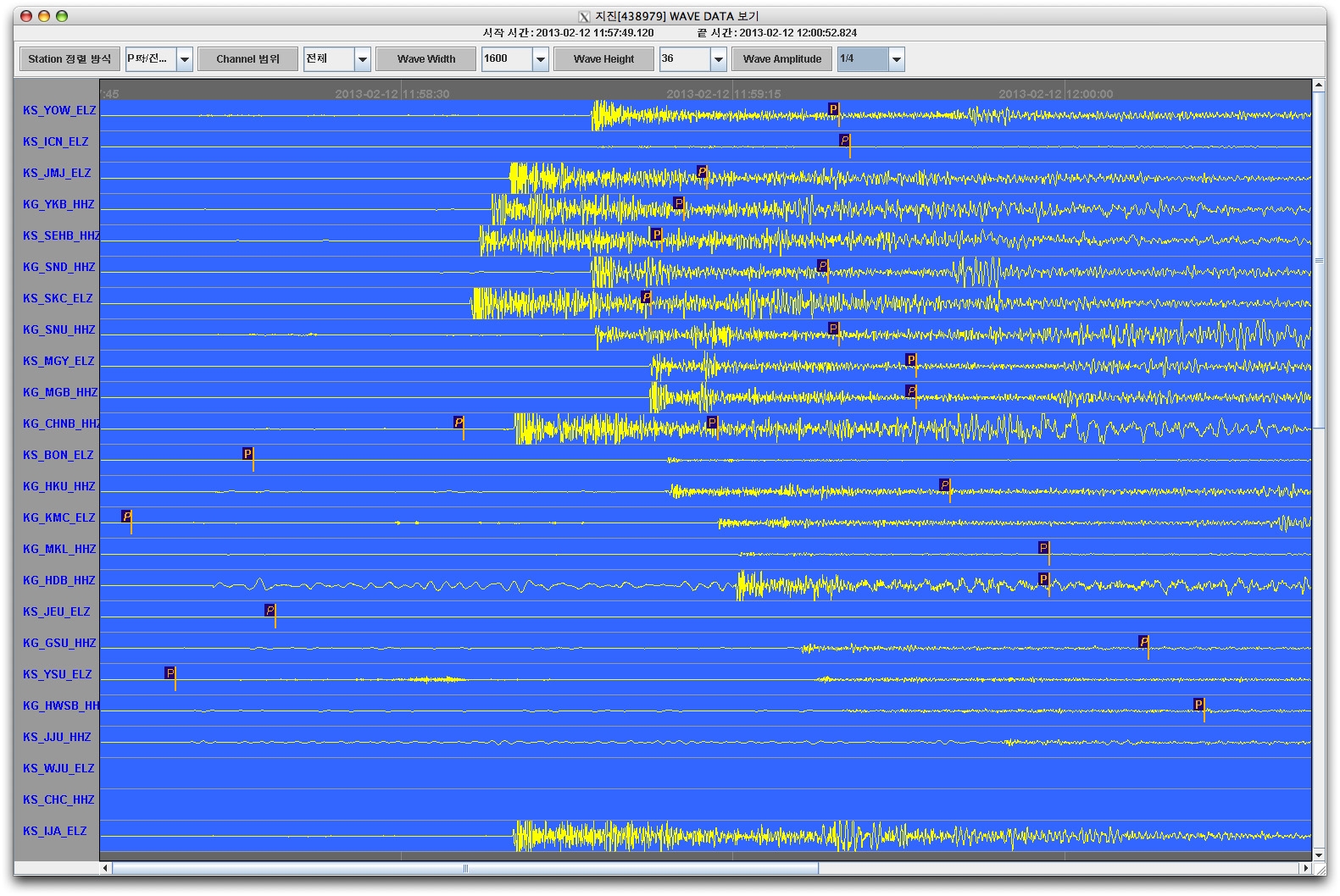 Fig. 2.2.4. North Korea's nuclear test by the artificial earthquake recorded in the results of EEW. Black square waveform measurements of the initial P wave. P-wave first arrival of the actual reach quite far from the position that the initial P-wave measurements