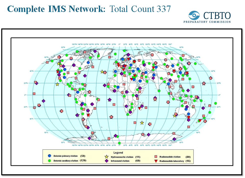 Fig. 2.2.12 Complete worldwide IMS network distribution map. Circles show seismic station, diamonds represent infrasound station, squares denote radionuclide station, stars marks hydro-acoustic station and reverse triangles locate radionuclide laboratory.